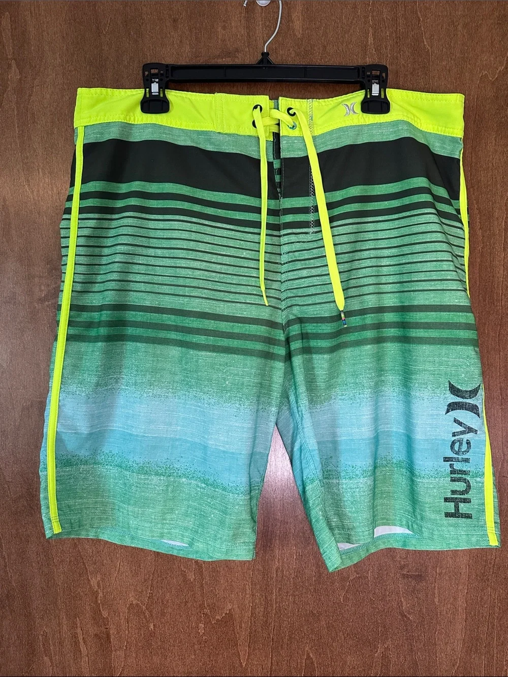 Hurley Green Gradient Stripe Board Shorts with Neon Trim